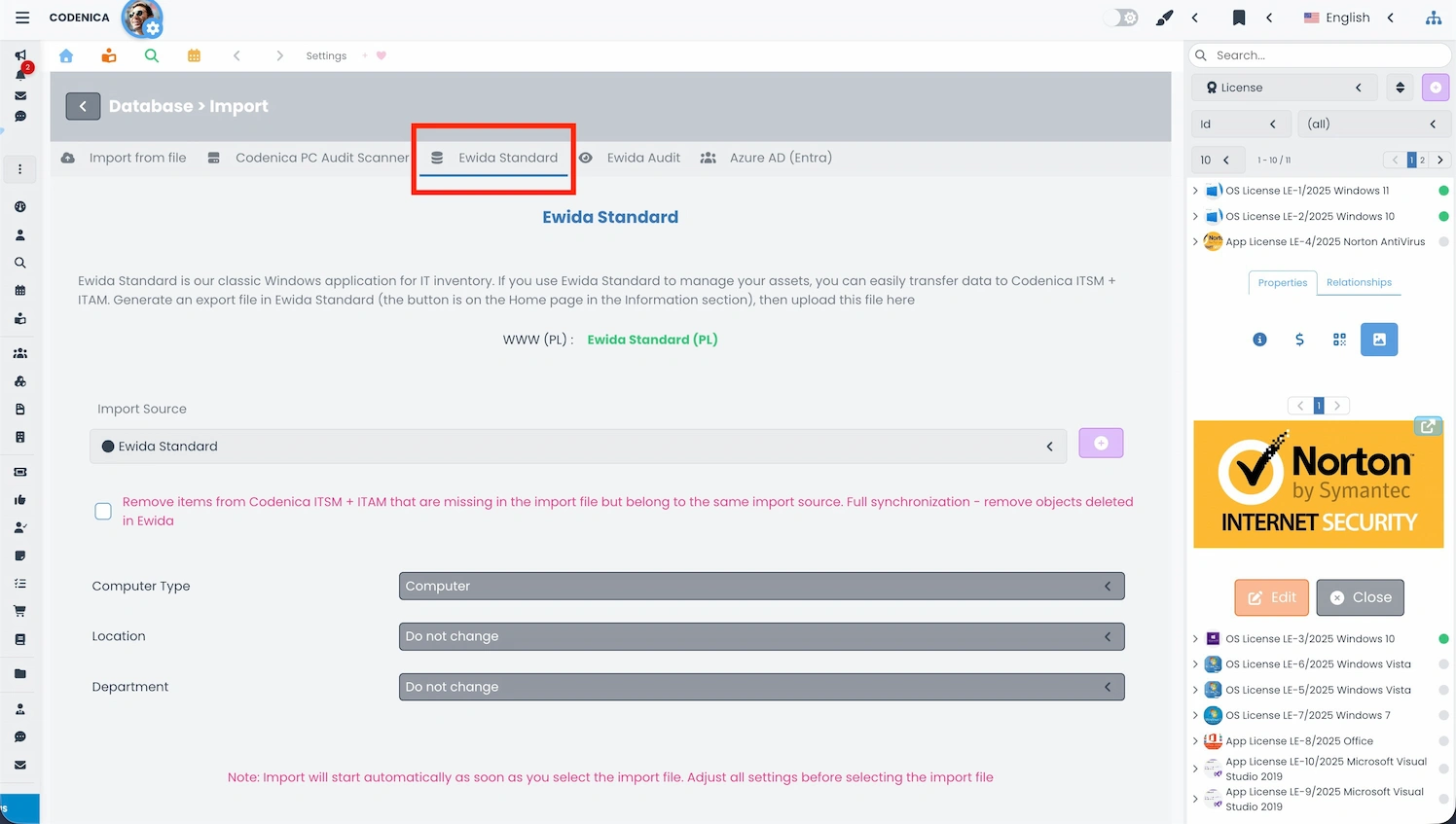 Import screen for data from Ewida Standard (Codenica Inventory) into Codenica ITSM + ITAM