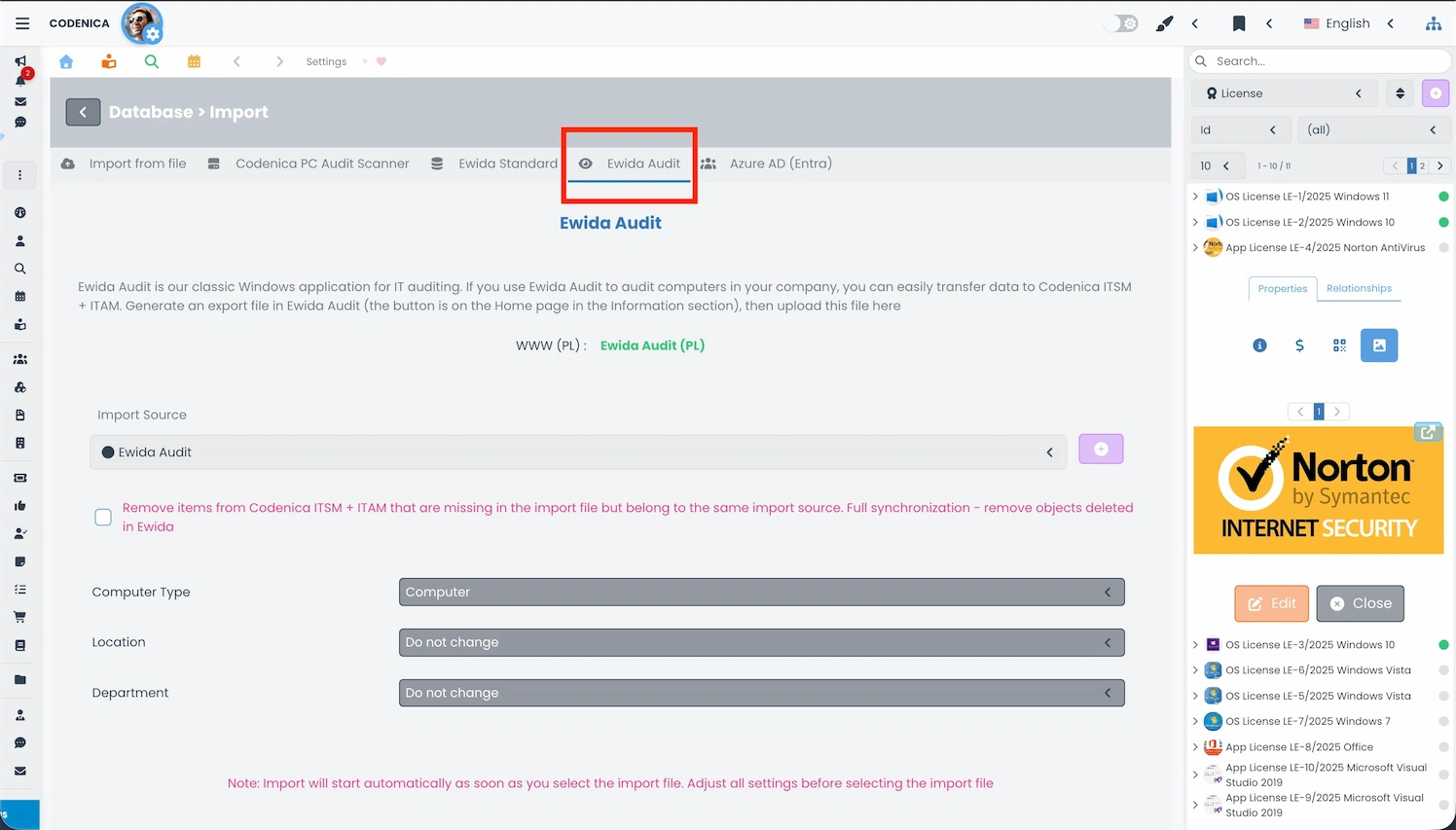 Import screen for audit data from Ewida Audit (Codenica Audit) into Codenica ITSM + ITAM