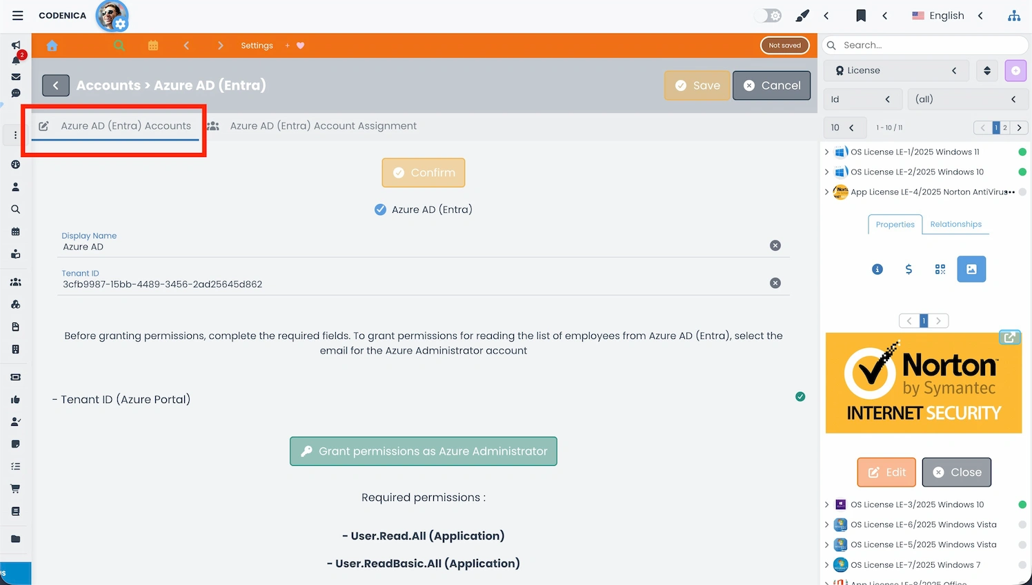 Assignment of a configured Azure Entra ID connection to a Codenica ITSM + ITAM user