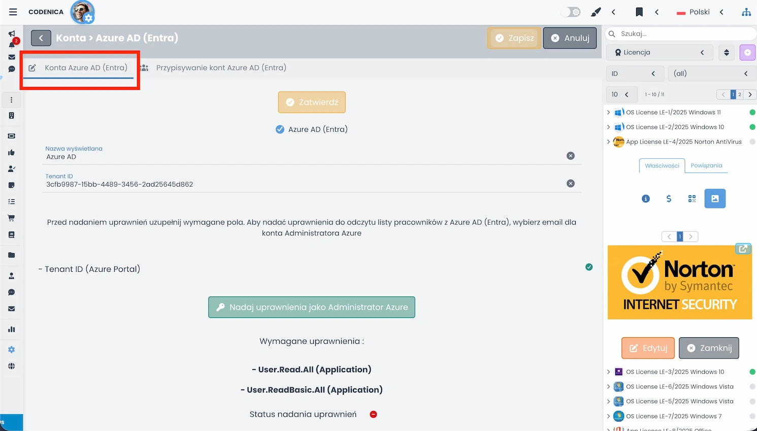 Przypisanie skonfigurowanego połączenia Azure Entra ID do użytkownika systemu Codenica ITSM + ITAM