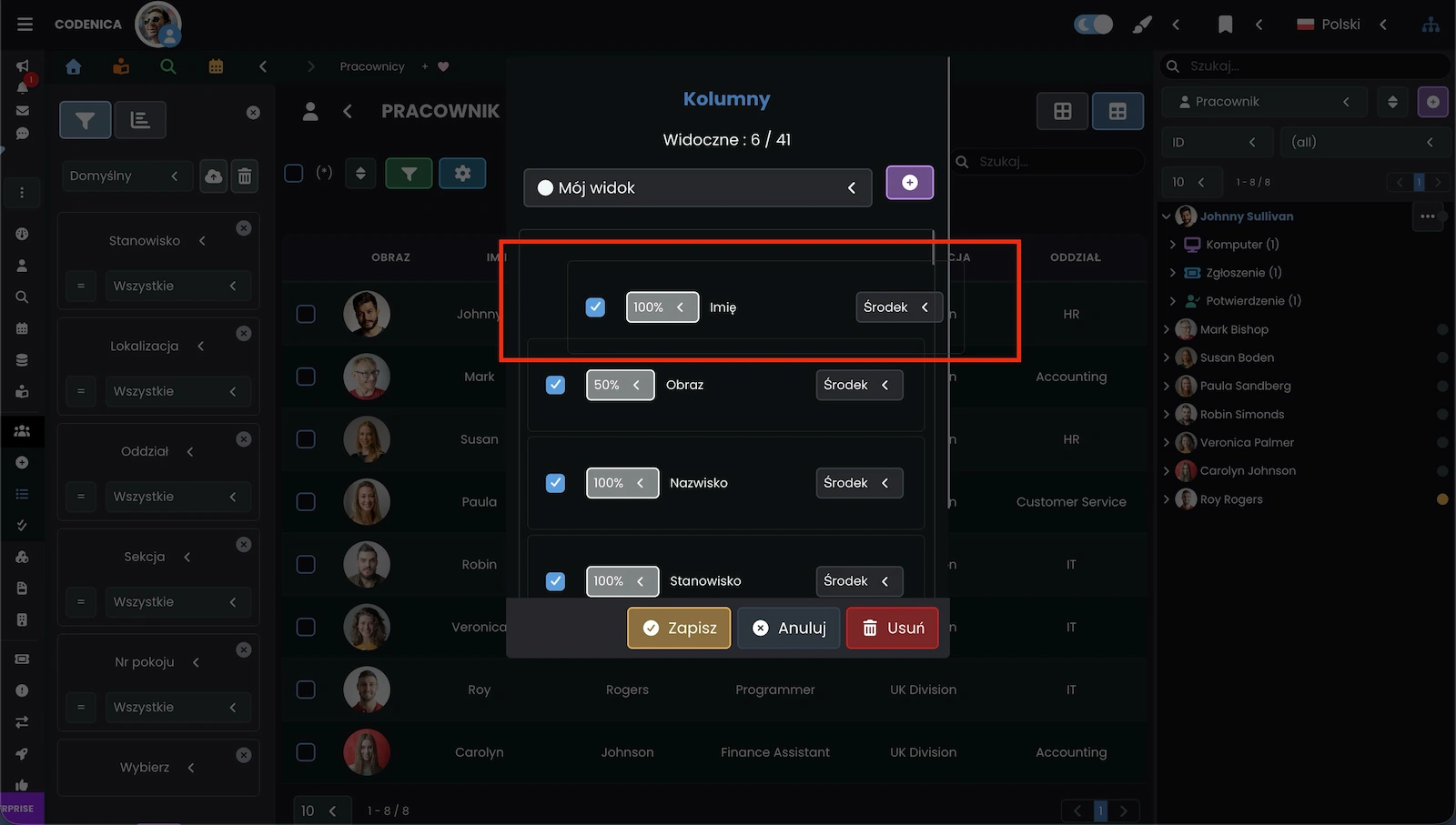 Konfiguracja własnego widoku tabeli w systemie Codenica ITSM + ITAM