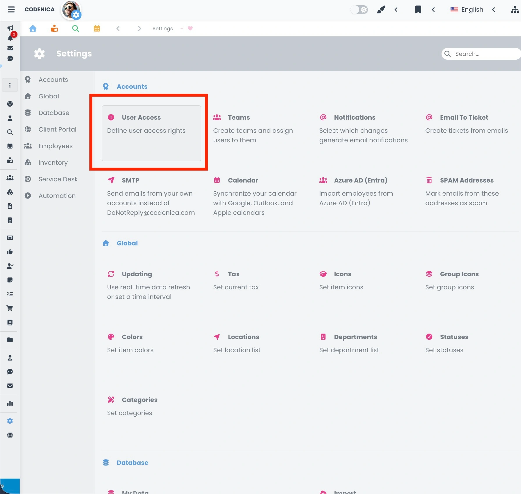 Application settings and access to RBAC permission configuration in Codenica ITSM + ITAM