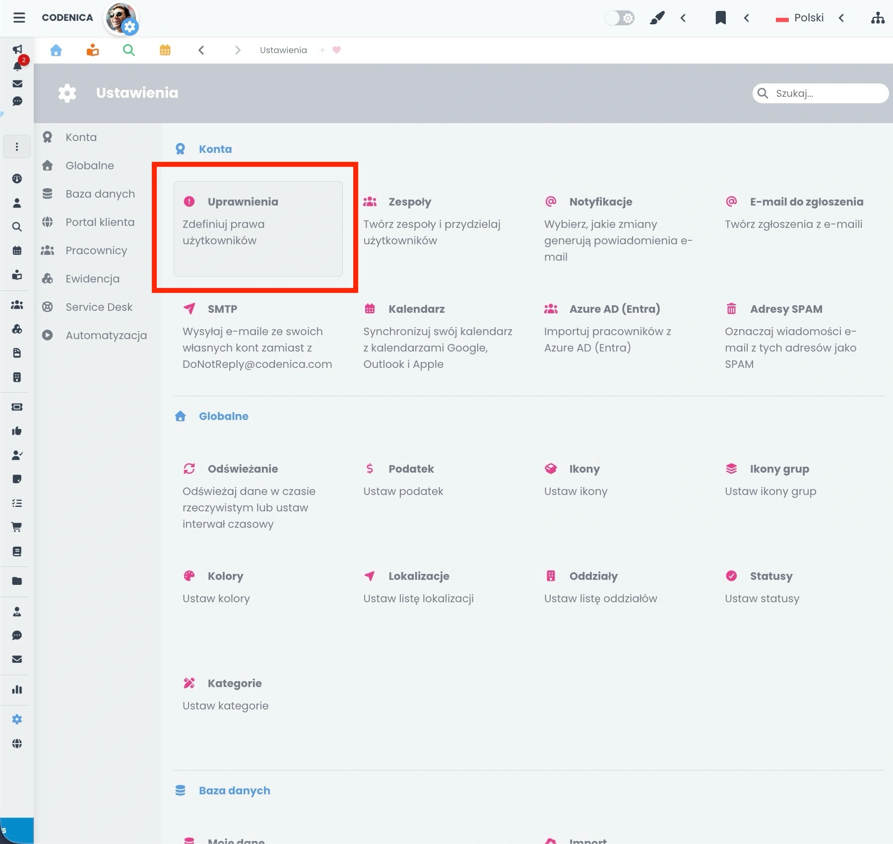 Ustawienia programu i dostęp do konfiguracji uprawnień RBAC w Codenica ITSM + ITAM
