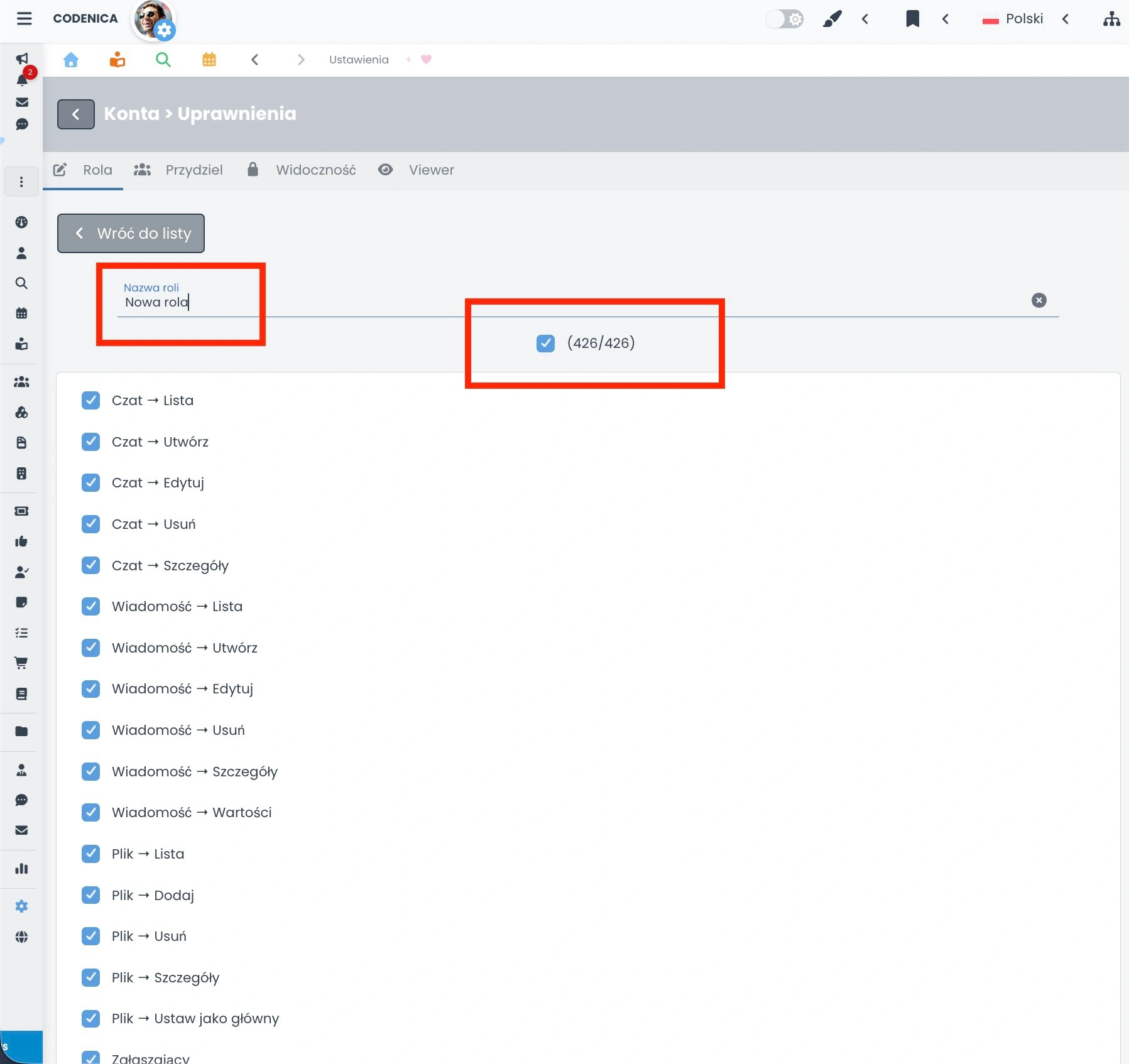 Szczegóły roli RBAC i lista uprawnień systemowych w Codenica ITSM + ITAM