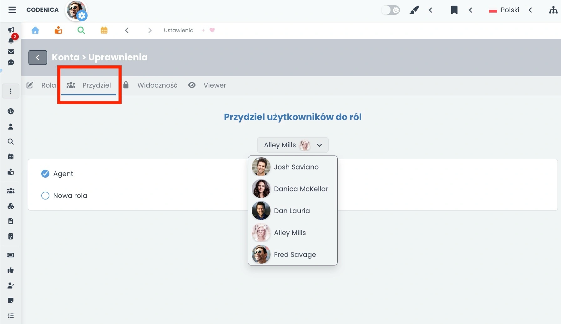 Przydzielanie ról użytkownikom za pomocą panelu Przydziel w Codenica ITSM + ITAM