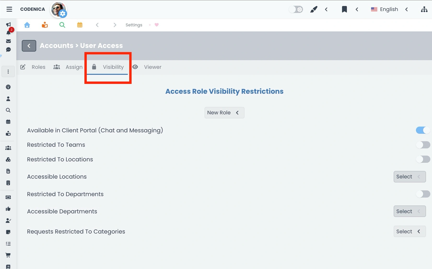 Assigning visibility to an RBAC role in Codenica ITSM + ITAM