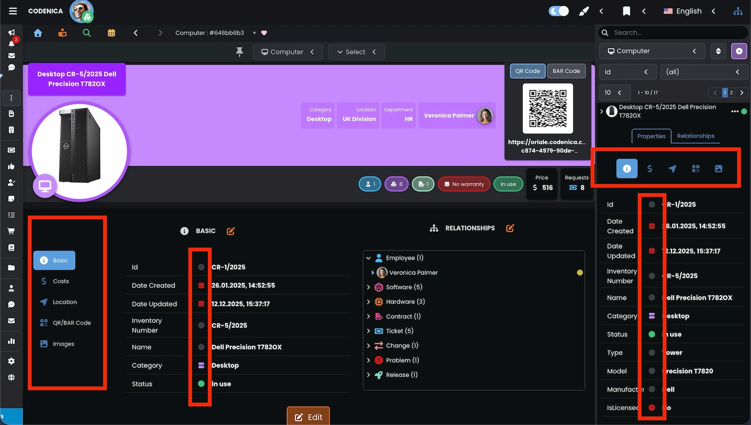Computer details page and the IT Manager auxiliary panel in the Codenica ITSM + ITAM system.
