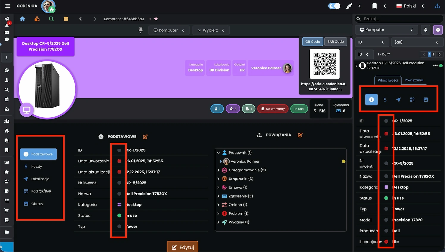 Strona szczegółów komputera i okno pomocnicze IT Manager w systemie Codenica ITSM + ITAM.