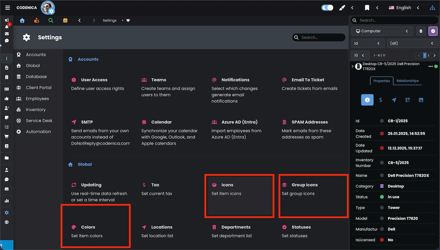 Application settings with configuration of custom icons, colors, and group icons in the Codenica ITSM + ITAM system.