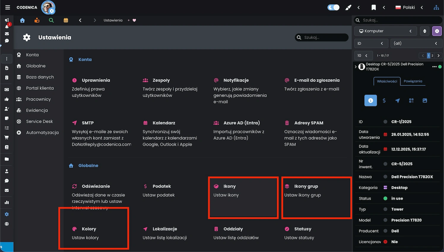 Ustawienia aplikacji z konfiguracją własnych ikon, kolorów i ikon grup w systemie Codenica ITSM + ITAM.