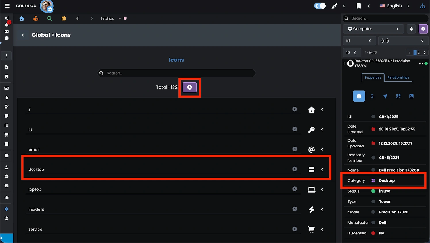 Icon settings for phrases in the Codenica ITSM + ITAM application.