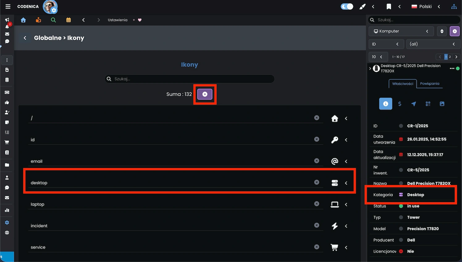 Ustawienia ikon dla fraz w aplikacji Codenica ITSM + ITAM.