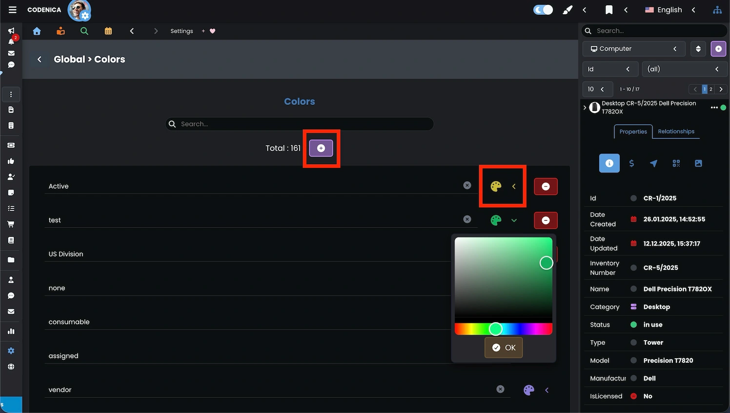 Color settings for phrases in the Codenica ITSM + ITAM application.