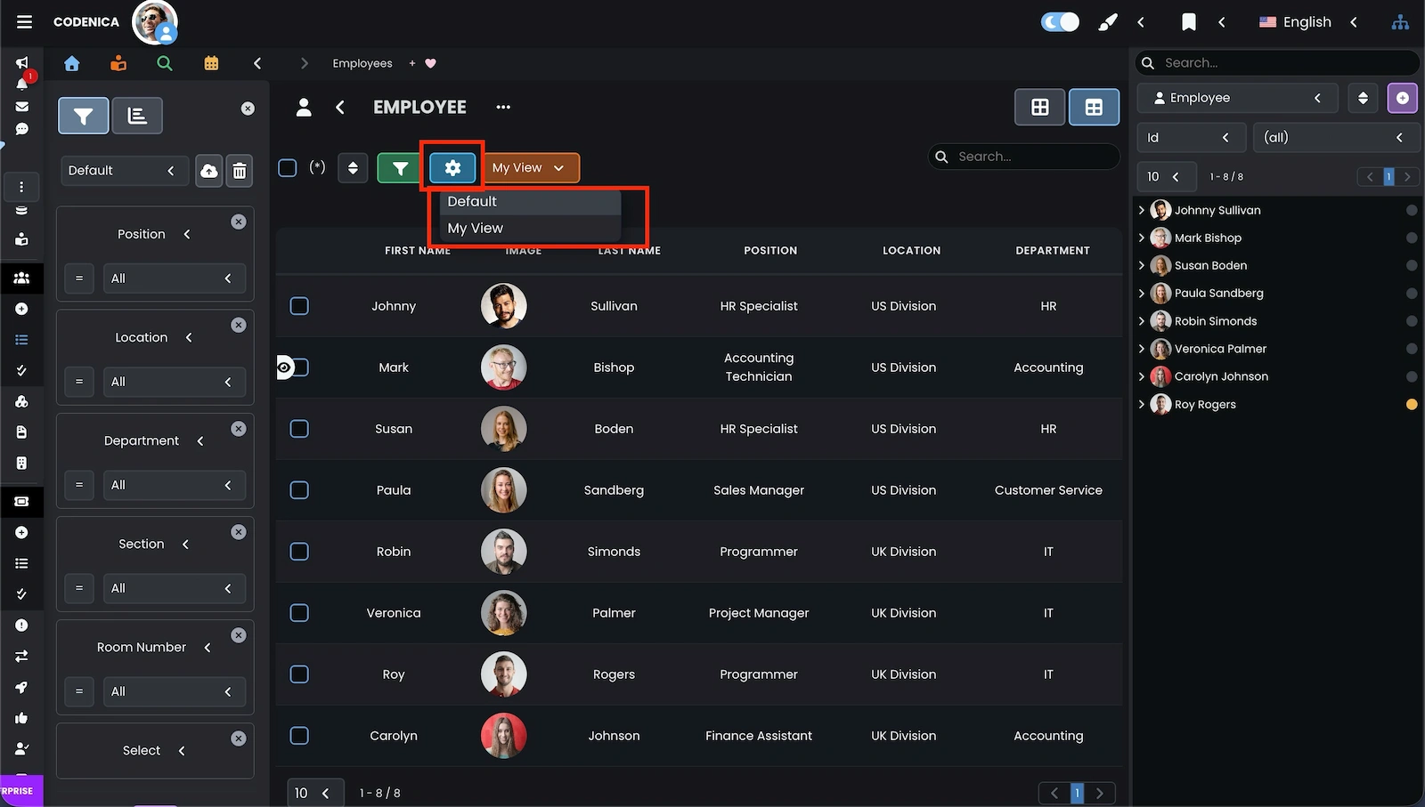 Selecting a custom table view in Codenica ITSM + ITAM