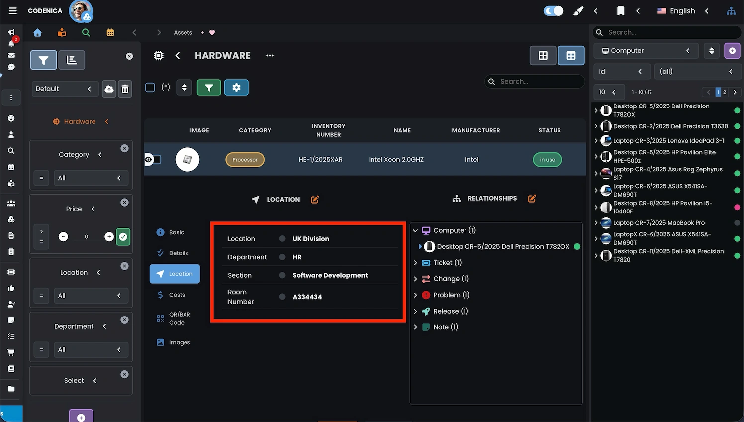 Location fields in asset management in Codenica ITSM + ITAM