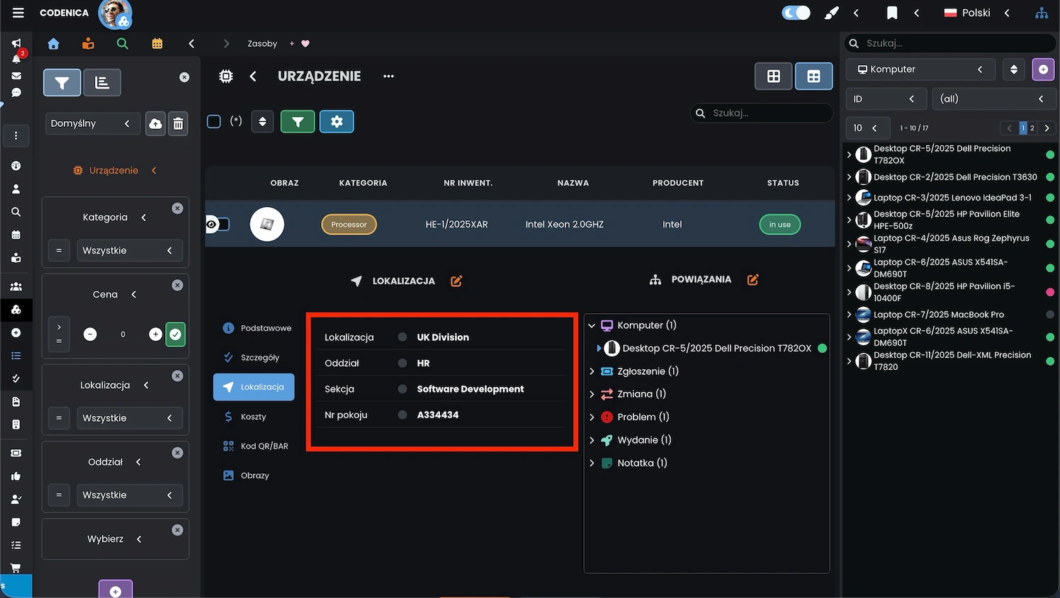 Pola lokalizacyjne w zarządzaniu zasobami Codenica ITSM + ITAM