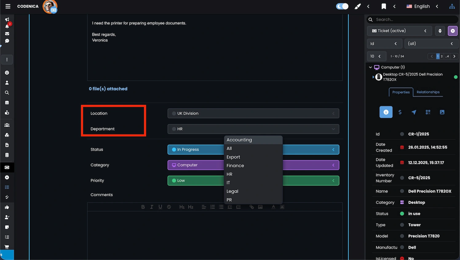 Ticket location in the Codenica ITSM + ITAM application