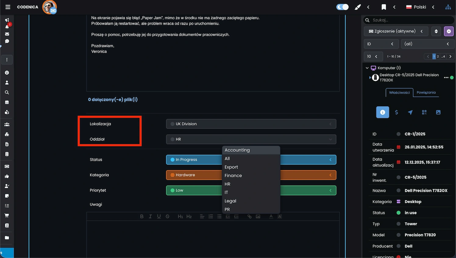 Lokalizacja ticketu w aplikacji Codenica ITSM + ITAM