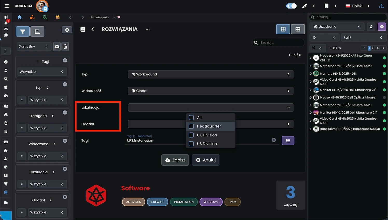 Lokalizacja rozwiązań w bazie wiedzy Codenica ITSM + ITAM