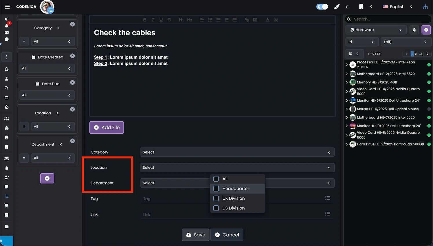 Task location in the Codenica ITSM + ITAM application
