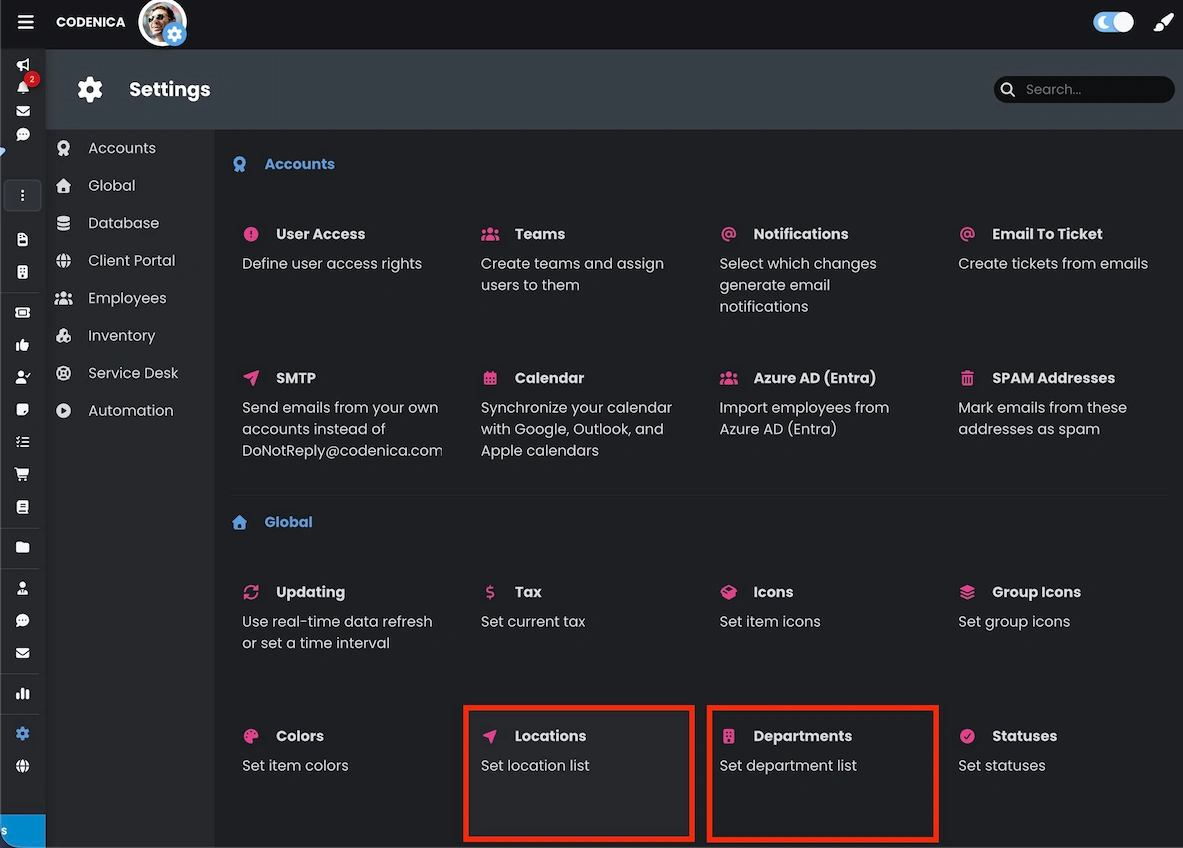 System settings showing location and department configuration options in Codenica ITSM + ITAM.