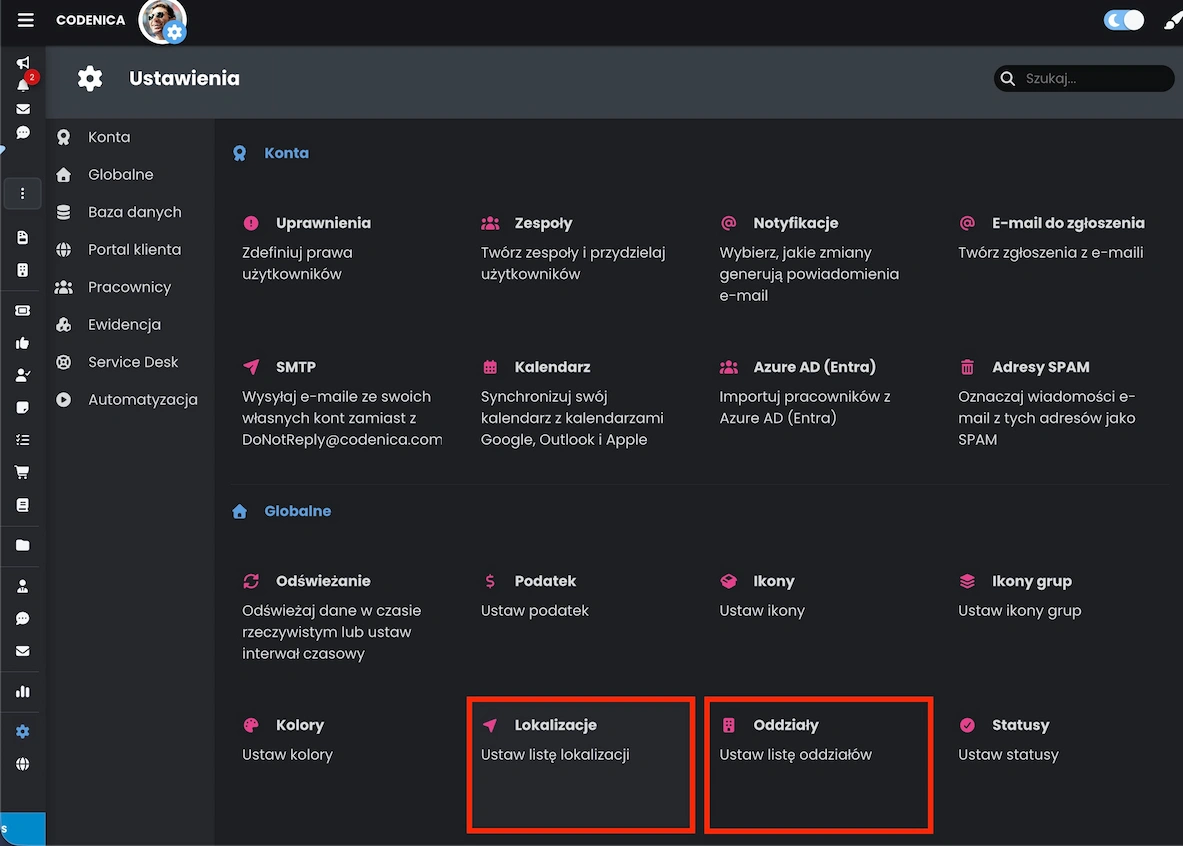 Ustawienia systemu z widocznymi opcjami konfiguracji lokalizacji i oddziałów w Codenica ITSM + ITAM.