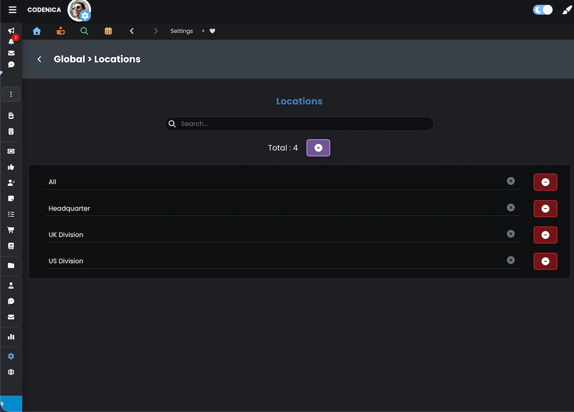 Location settings panel with a list of dictionary values in Codenica ITSM + ITAM.
