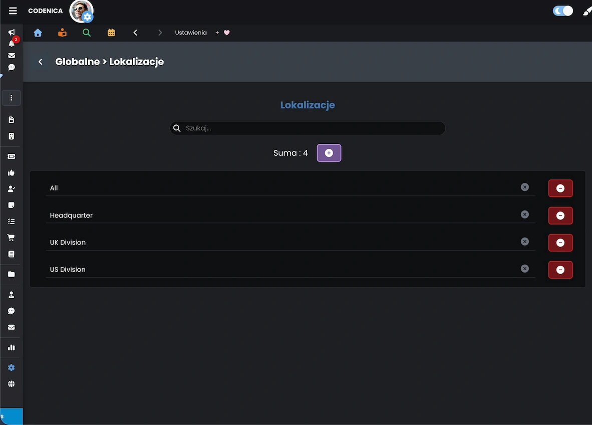 Kontrolka ustawień lokalizacji z listą pozycji słownikowych w systemie Codenica ITSM + ITAM.