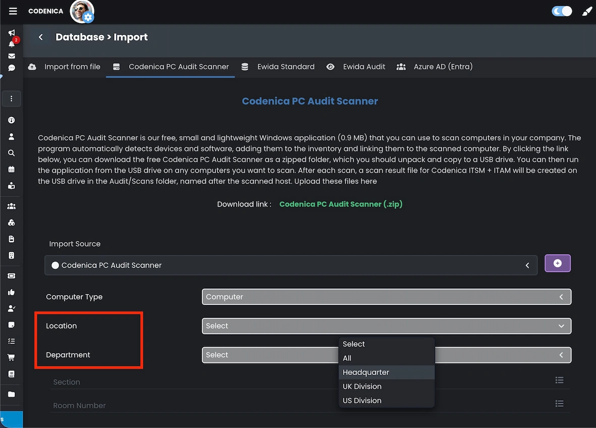 IT audit scan import with visible location fields in Codenica ITSM + ITAM.