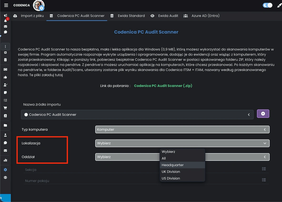 Import danych ze skanowania audytu IT z widocznymi polami lokalizacyjnymi w systemie Codenica ITSM + ITAM.