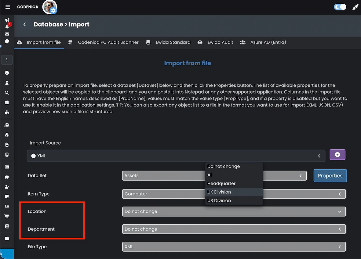 Data import with location and department fields in Codenica ITSM + ITAM.