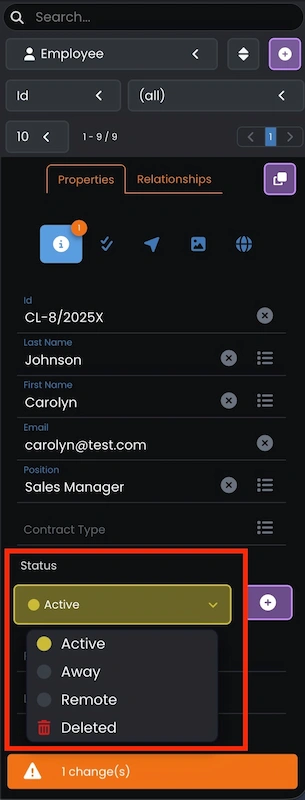 IT Manager helper tree - Status field in employee asset management with a dropdown selection list in Codenica ITSM + ITAM