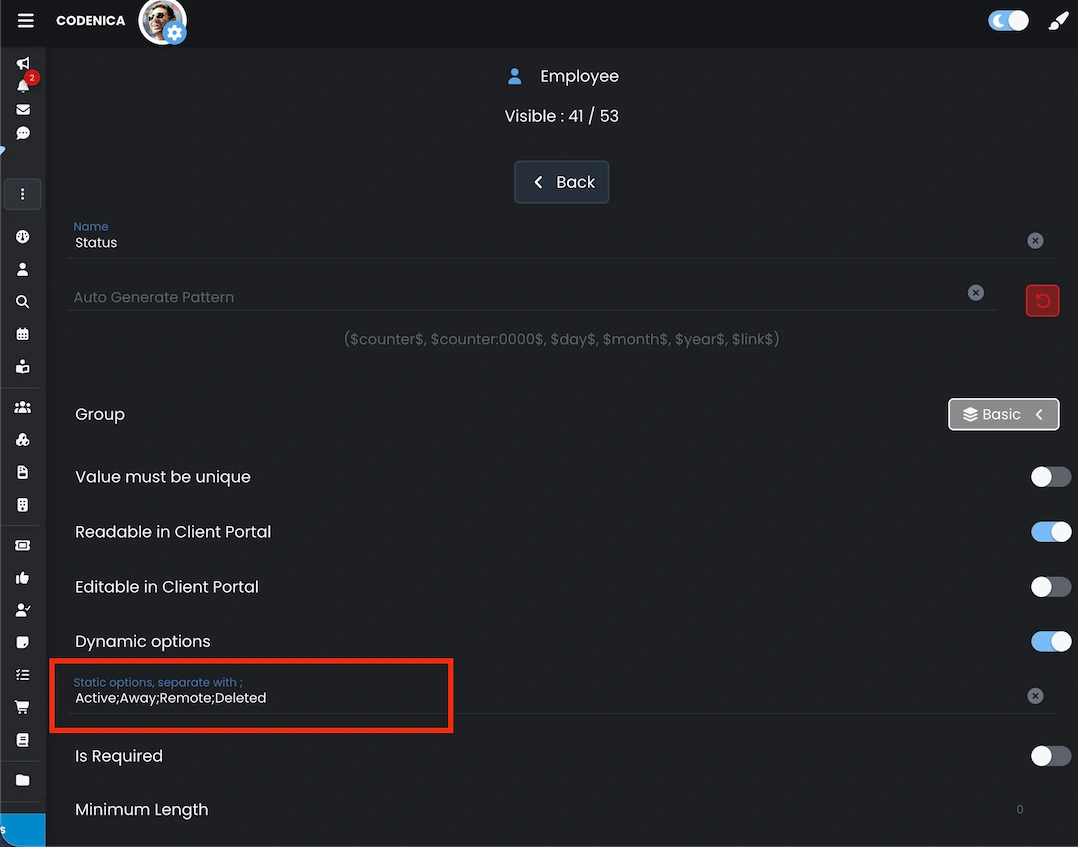 Text field settings with static and dynamic options enabled in asset management in Codenica ITSM + ITAM