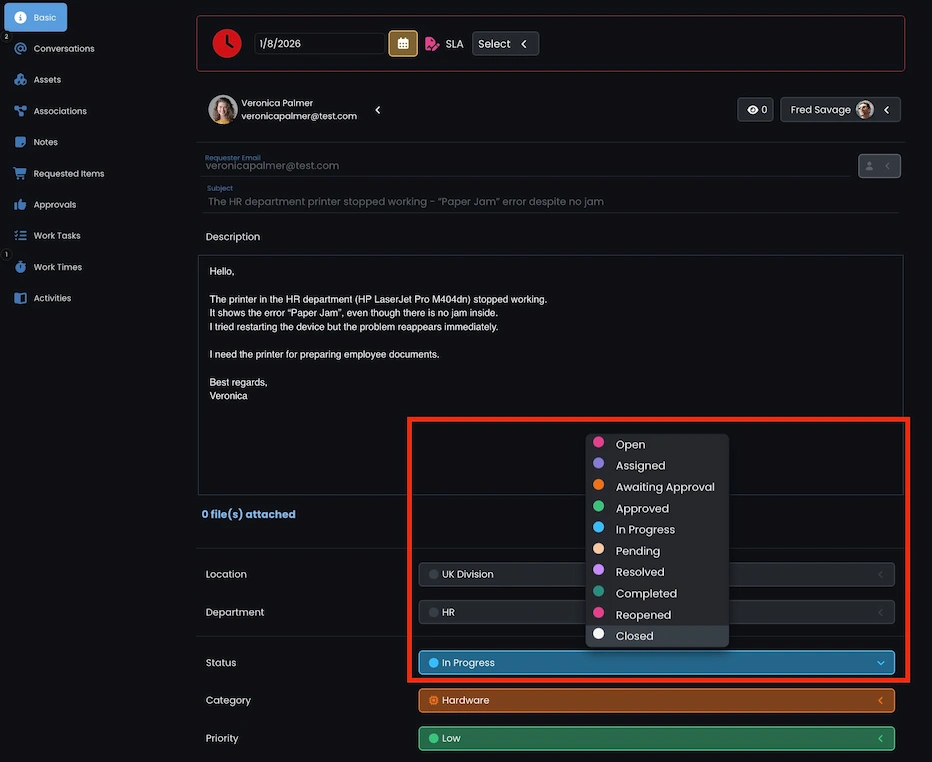 Ticket in the Codenica ITSM + ITAM ticketing system with configurable fields: location, department, status, category, and priority