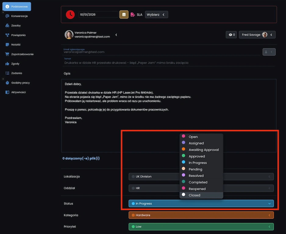 Zgłoszenie w systemie ticketowym Codenica ITSM + ITAM z konfigurowalnymi polami: lokalizacja, dział, status, kategoria i priorytet
