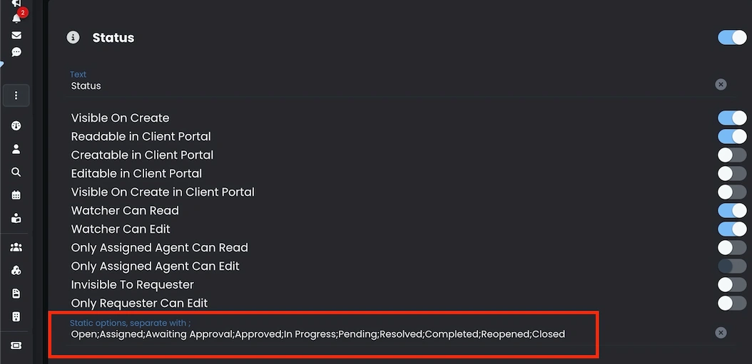 Ticket status settings in the Codenica ITSM + ITAM ticketing system with static options defined as a selection list