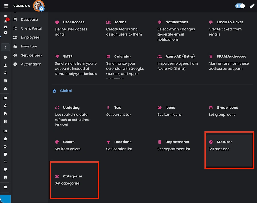 Global status and category settings for tasks, notes, and requested items in Codenica ITSM + ITAM