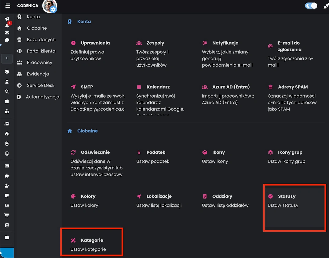 Ustawienia globalnych statusów i kategorii dla zadań, notatek i zapotrzebowań w systemie Codenica ITSM + ITAM