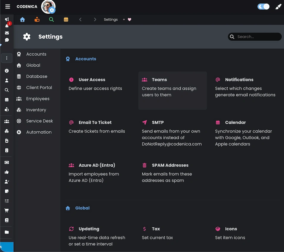 Team settings in the Codenica ITSM + ITAM ticketing system - centralized team structure management