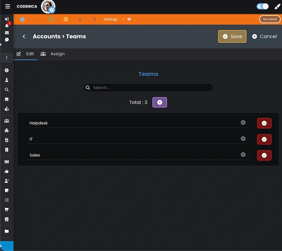 Creating teams in the Codenica ITSM + ITAM ticketing system - Edit tab