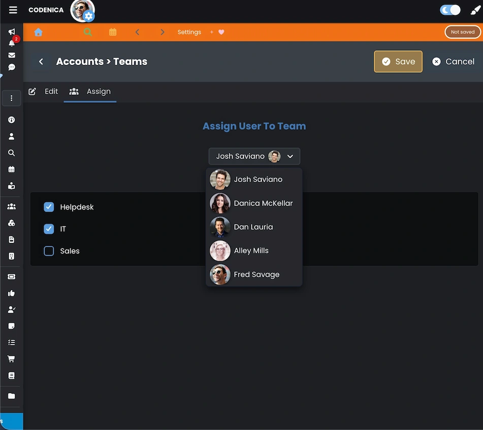 Assigning users to teams in the Codenica ITSM + ITAM ticketing system - Assign tab