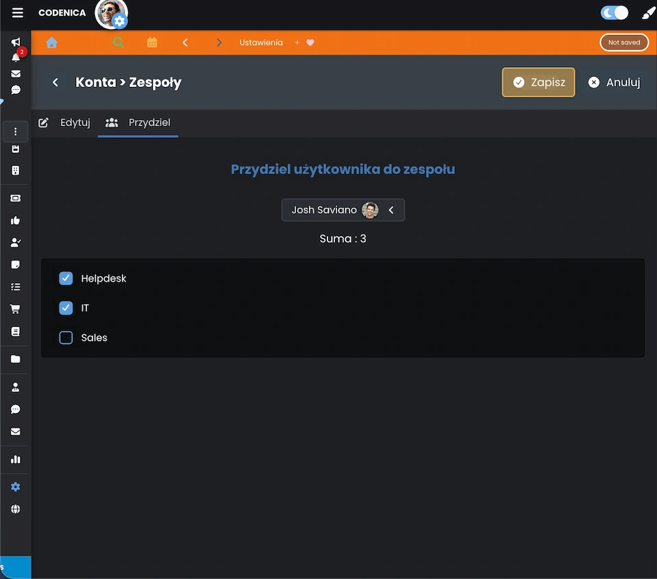 Przypisywanie użytkowników do zespołów w systemie ticketowym Codenica ITSM + ITAM - zakładka Przydziel