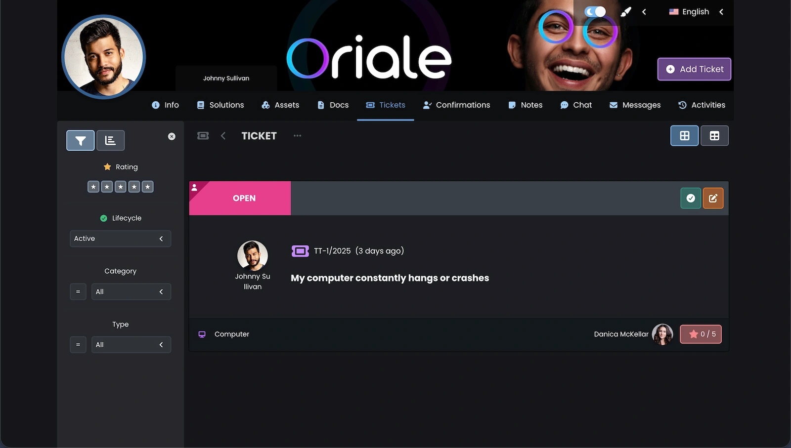 Screenshot showing a ticket in item view.