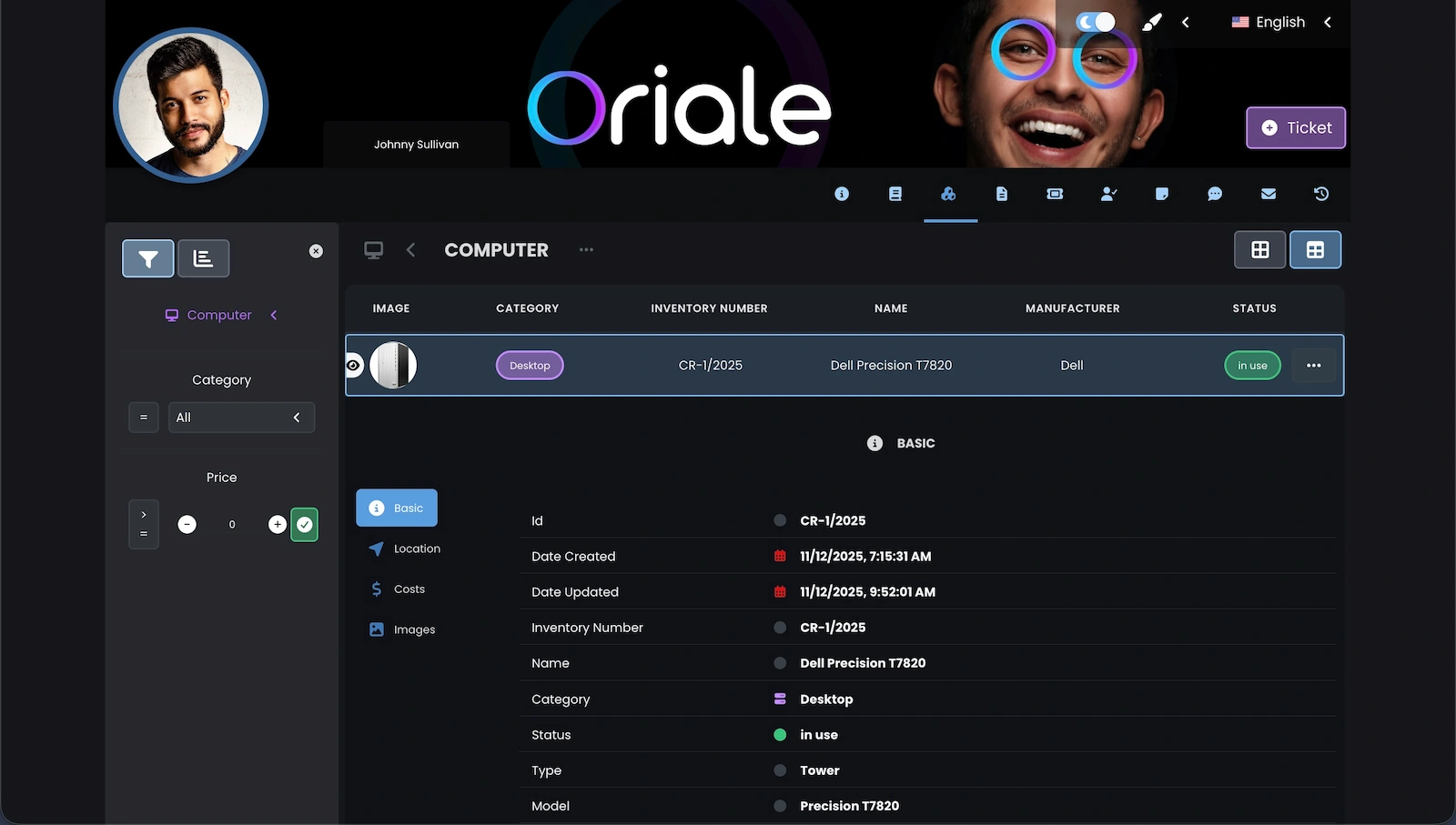 Screenshot showing assets assigned to a ticket.