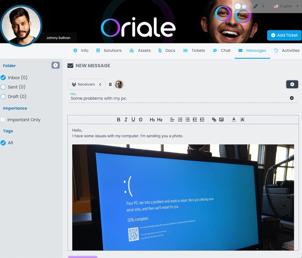Screenshot showing the creation of a new message in the client portal.