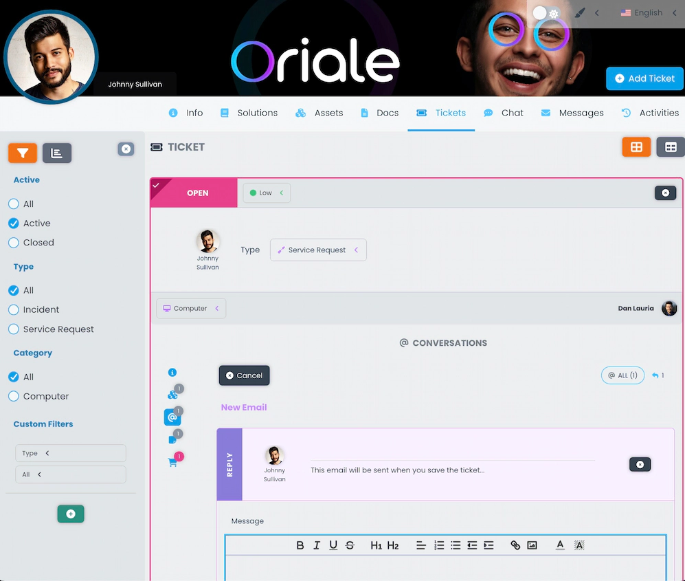 Screenshot showing the ticket view and conversation group.