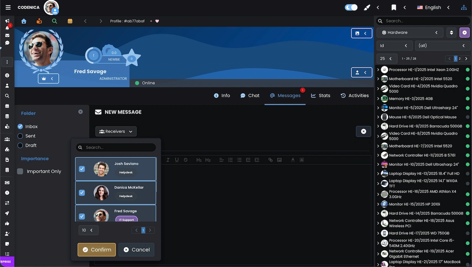 Screenshot showing the creation of a new message with multiple selected recipients.
