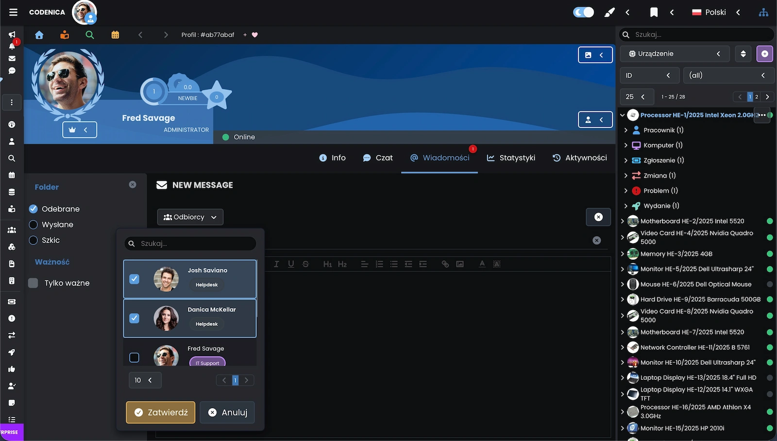 Zrzut ekranu przedstawiający zintegrowany system wiadomości w Codenica ITSM + ITAM.