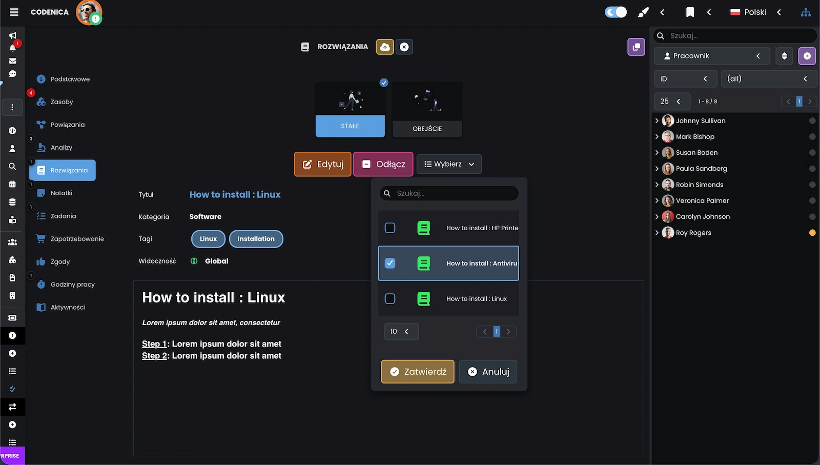 Zrzut ekranu przedstawiający sekcję rozwiązań problemów.
