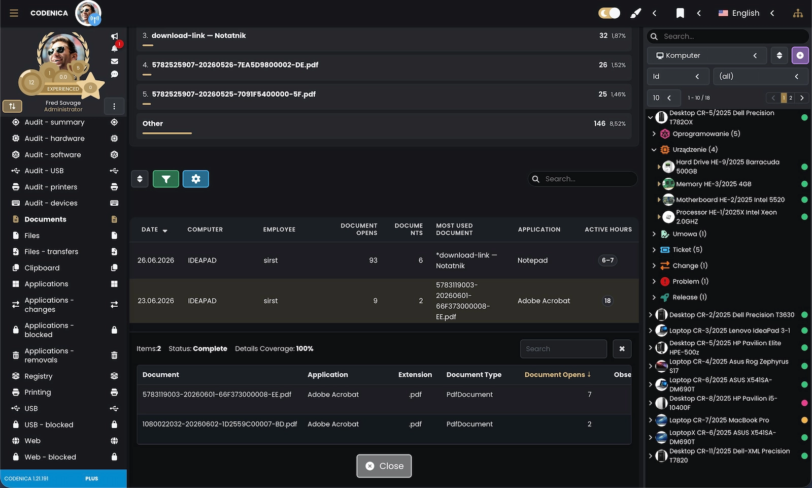 Screenshot showing computer audit, agent status and monitoring data.